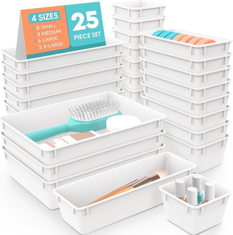 SpaceHacks 25 PCS Plastic Drawer Organizer Set, 4-Size Versatile Organizer Trays & storage Bins for Makeup, Jewelry, and Gadgets in Bathroom, Bedroom and Office, White - Image 1
